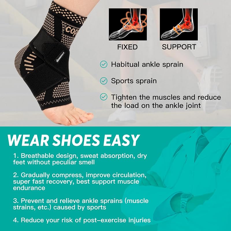 Ankle Brace for Sprained Ankle - Copper Infused Compression Sleeve 2 Pack, 2XL, Black