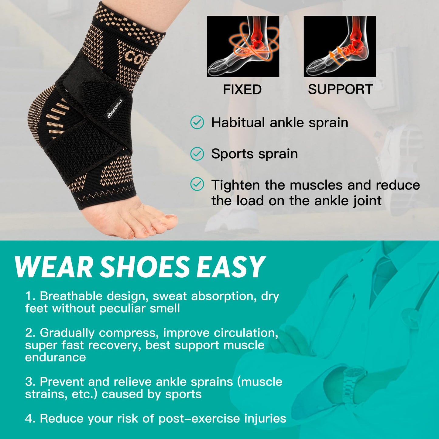 INDEEMAX Ankle Brace for Women & Men, Ankle Compression Sleeve Support Copper Infused Ankle Brace for Sprained Ankle, Plantar Fasciitis Sports, Achilles Tendonitis Pain Relief, Copper Black, S