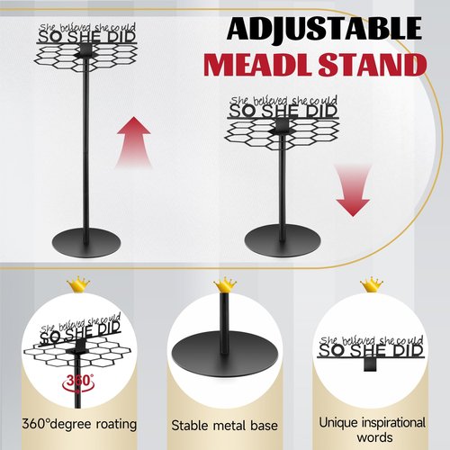 Honeydak Rotatable Medal Hangers Display Tabletop Metal Medal Holder Rack with Adjustable Height Holds 45+ Medals with Motivational Words Race Marathon Sports Gong Hanger Display