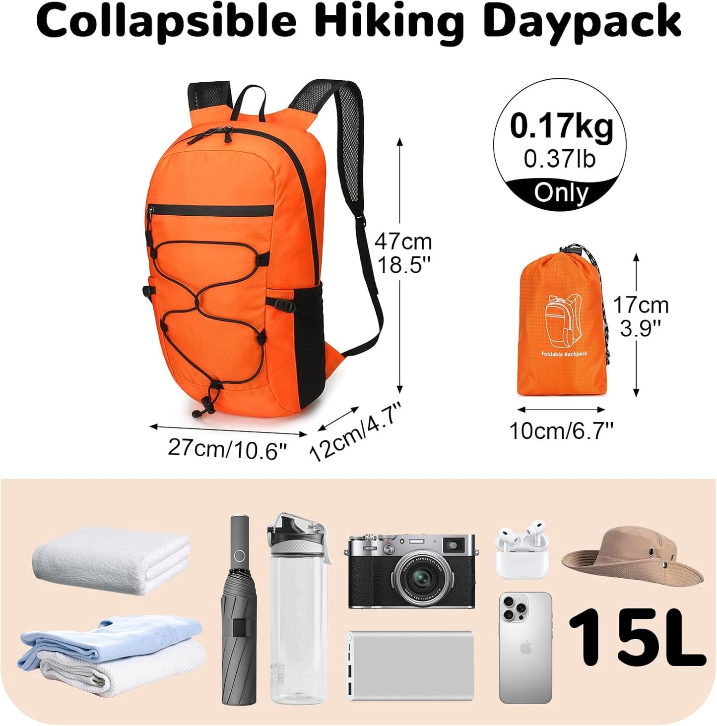 15L Small Foldable Hiking Backpack for Men Women, Packable Collapsible Daypack for Casual, Light Gray