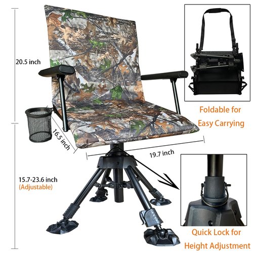 CROSS MARS Silent Swivel Stable Portable Ground Folding Outdoor Camping Fishing Hunting Blind Chair Seat with Cover, 4 Legs Adjustable Height (Camo)