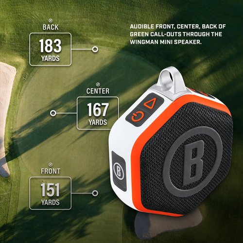 Bushnell Golf Wingman Mini GPS Speaker (Orange/White) | Magnetic Mount, Music & Audible Distances for 38,000+ Courses, Carabiner Clip, Waterproof, 36-Hole Battery, with Signature Series Golf Towel