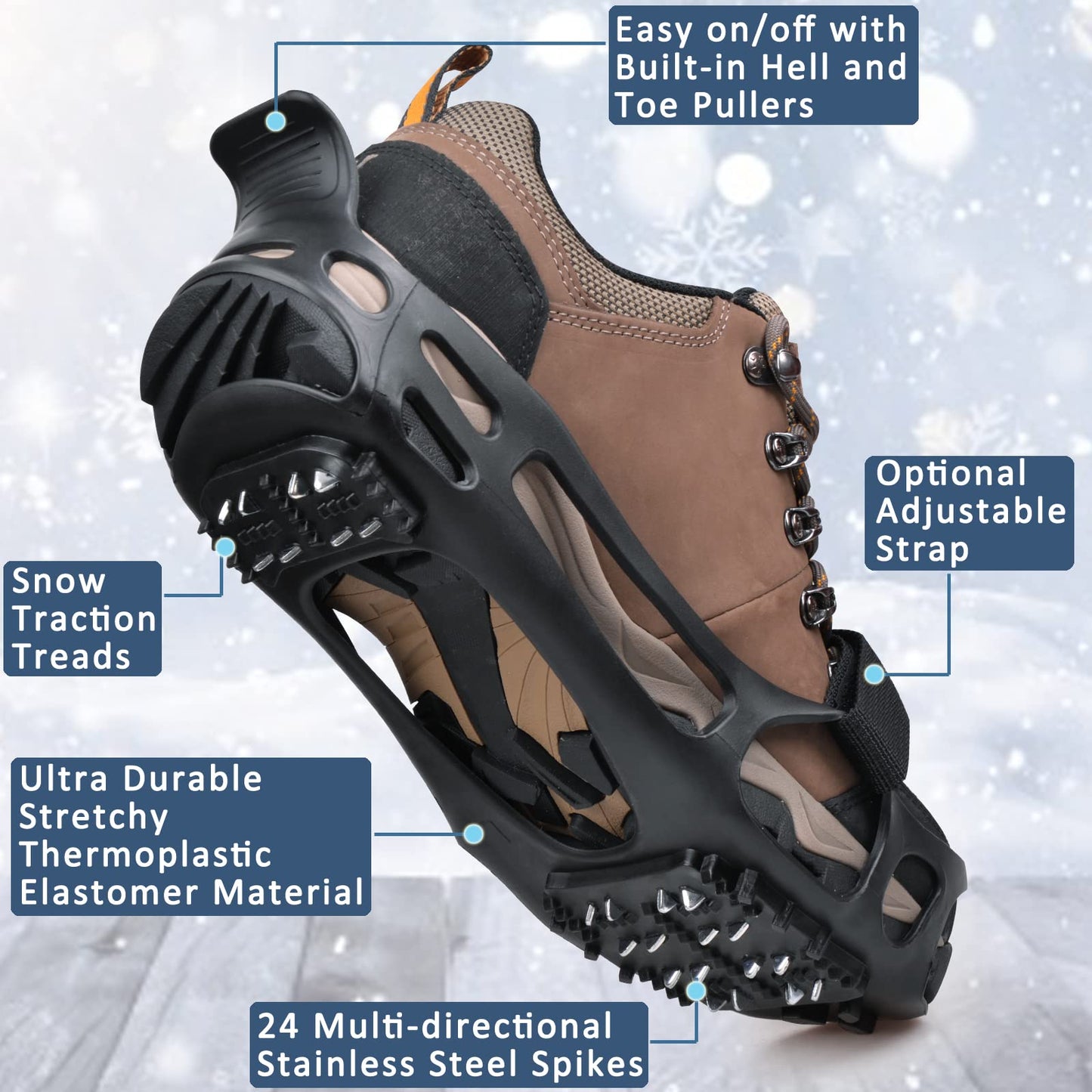 Ice Cleats Crampons Anti Slip Shoe Spikes for Snow Ice Cleats for Shoes and Boots Men Women Winter Walking Non-Slip 24 Studs Stretch Rubber Footwear