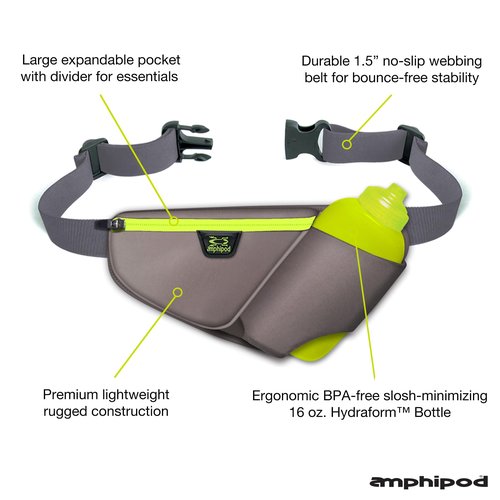 Amphipod High Five-K Bottle Pack, Runners Hydration Waist Belt for 5K/10K, Ultra Running & Walking, Men & Women - Slate/Viz - 16 oz