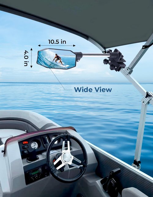 KEMIMOTO Pontoon Boat Mirror Rear View with Telescoping Pole, 10.5“ x 4” Extra Large 360° Adjustable Marine Mirror for Pontoon Rail or Bimini Top, Ski Boats Water Skiing, Pontoon Boat Accessories