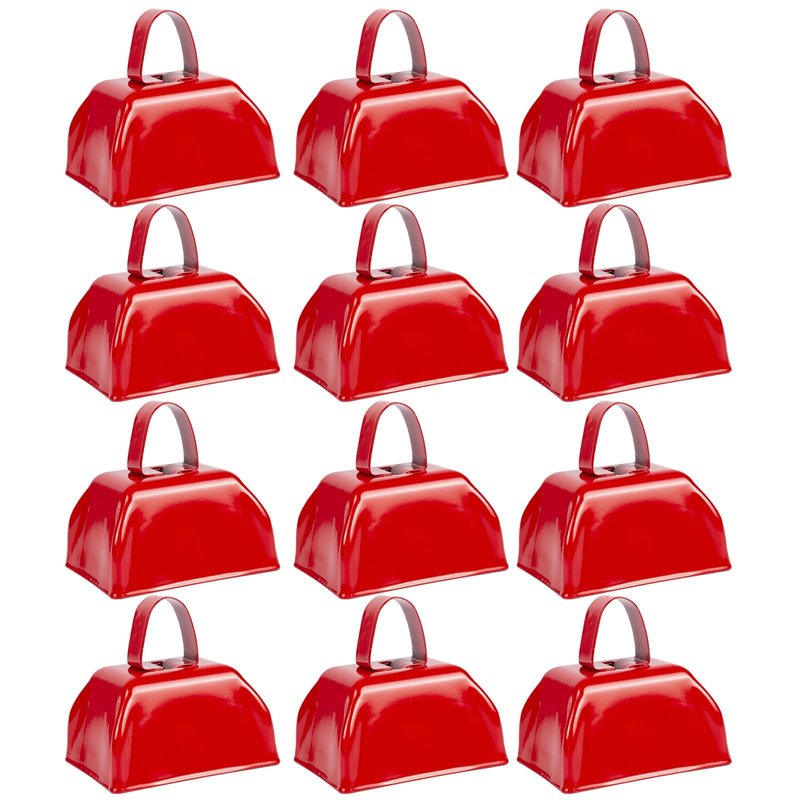 Cow Bells Noise Makers Red Cheering Bell for Sporting Events: 12 Pcs Metal Cowbells with Handle - Small Loud Bell Bulk Hand Percussion for Football Games Graduation Weddings-Red