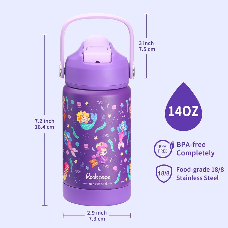 rockpapa 14 oz Kids Insulated Water Bottle,Stainless Steel Toddler Cups with Straws, BPA Free, Leak-Proof, Kids Water Bottle for School Boys& Girls (Purple Mermaid)