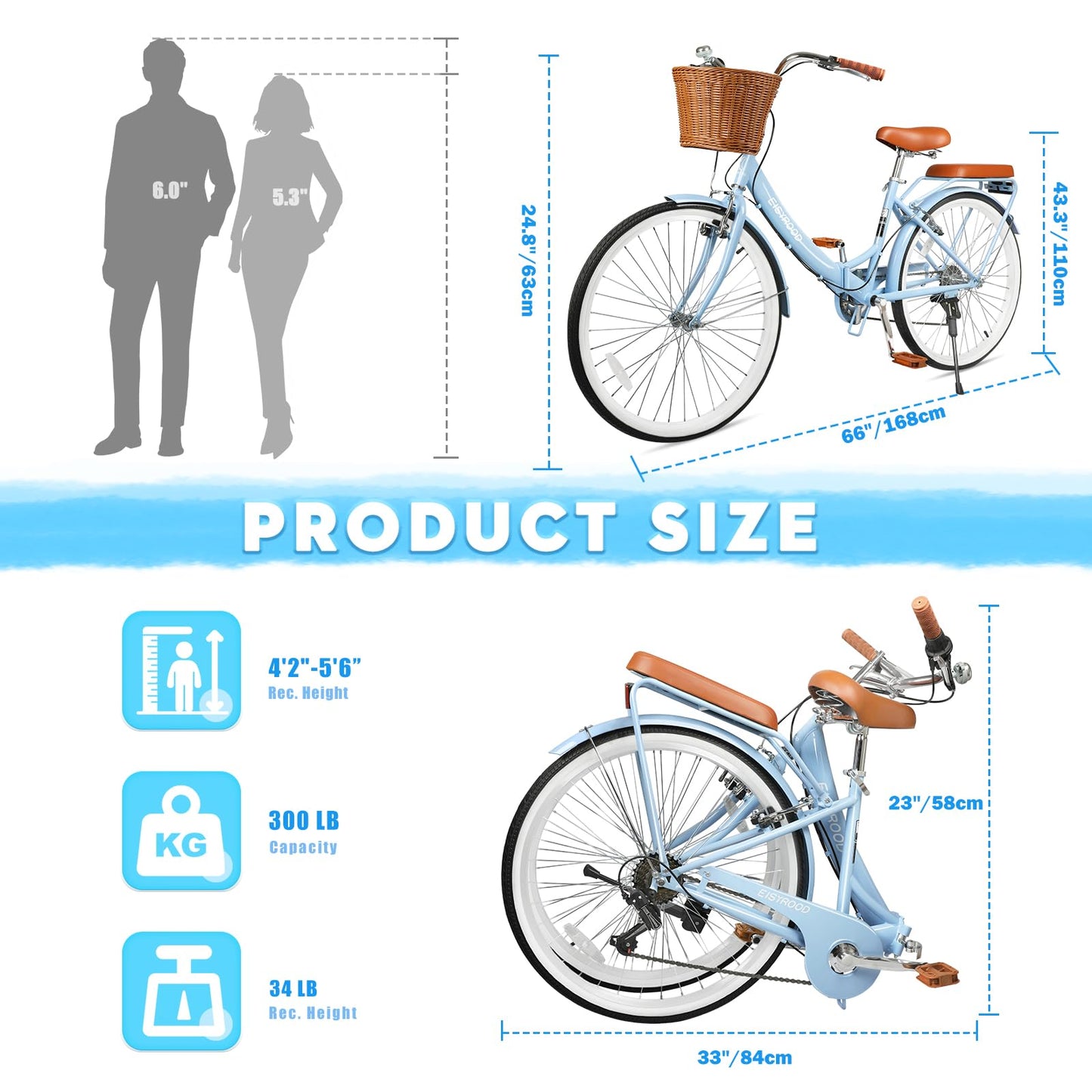 26 Inch Folding Beach Cruiser Bike for Women, 7-Speed Foldable Bicycle with Basket & Rack, Lightweight City Bike for Commuting, Leisure, and Relaxed Rides (Blue - 26")