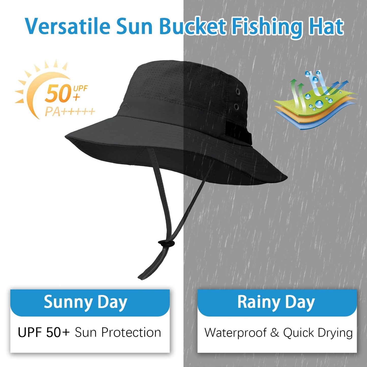 Sun Bucket Hat for Men Women Fishing Beach Safari Hats for Golf Hiking Hunting Outdoor UPF 50+ (with one Pair Cooling Sleeves-1pack-Black)
