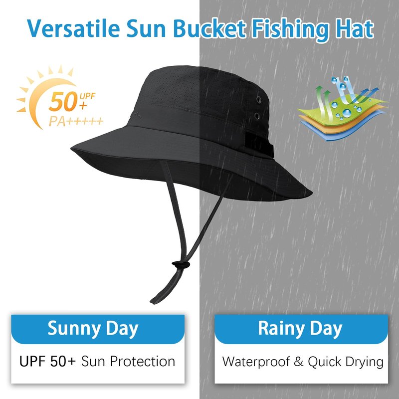 Sun Bucket Hat for Men Women Fishing Beach Safari Hats for Golf Hiking Hunting Outdoor UPF 50+ (with one Pair Cooling Sleeves-1pack-Black)