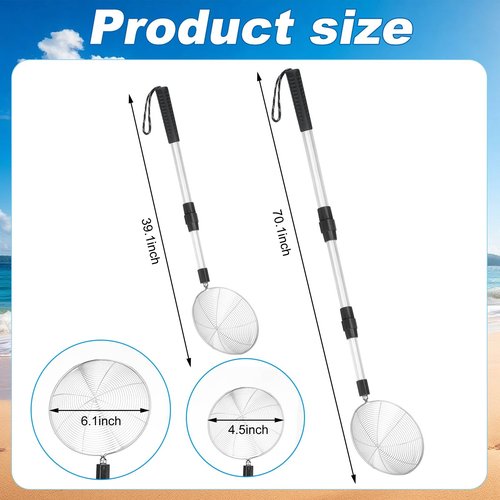 Relaxgiant 2 Pcs Full Size Beach Scoop Shovel Adjustable from 35" to 64" Sand Sifter for The Beach Sand Shovel Include 4. 5" and 6. 1" Basket Reliable Sifter Tool for Beachcombing Walking Hiking