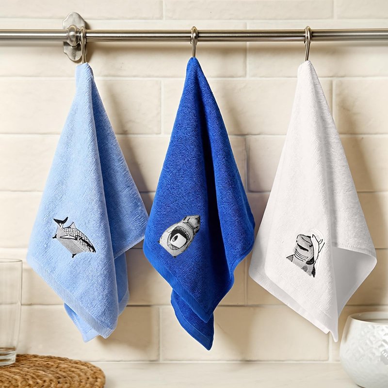 VitalCozy 3 Pcs Embroidered Shark Bathroom Hand Towels Shark Summer Decor 13.4 x 29 Inch Cotton Trendy Sea Beach Animals Bathroom Towels Decor for Funny Sea Lovers Gifts