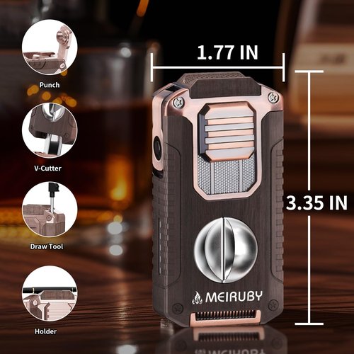MEIRUBY 5-in-1 Butane Torch Lighter, Refillable Jet Flame Lighter with V-Cutter, Punch, Holder and Draw Tool, Multi-Functional Accessories Gift for Men, Dad, Husband, Friend