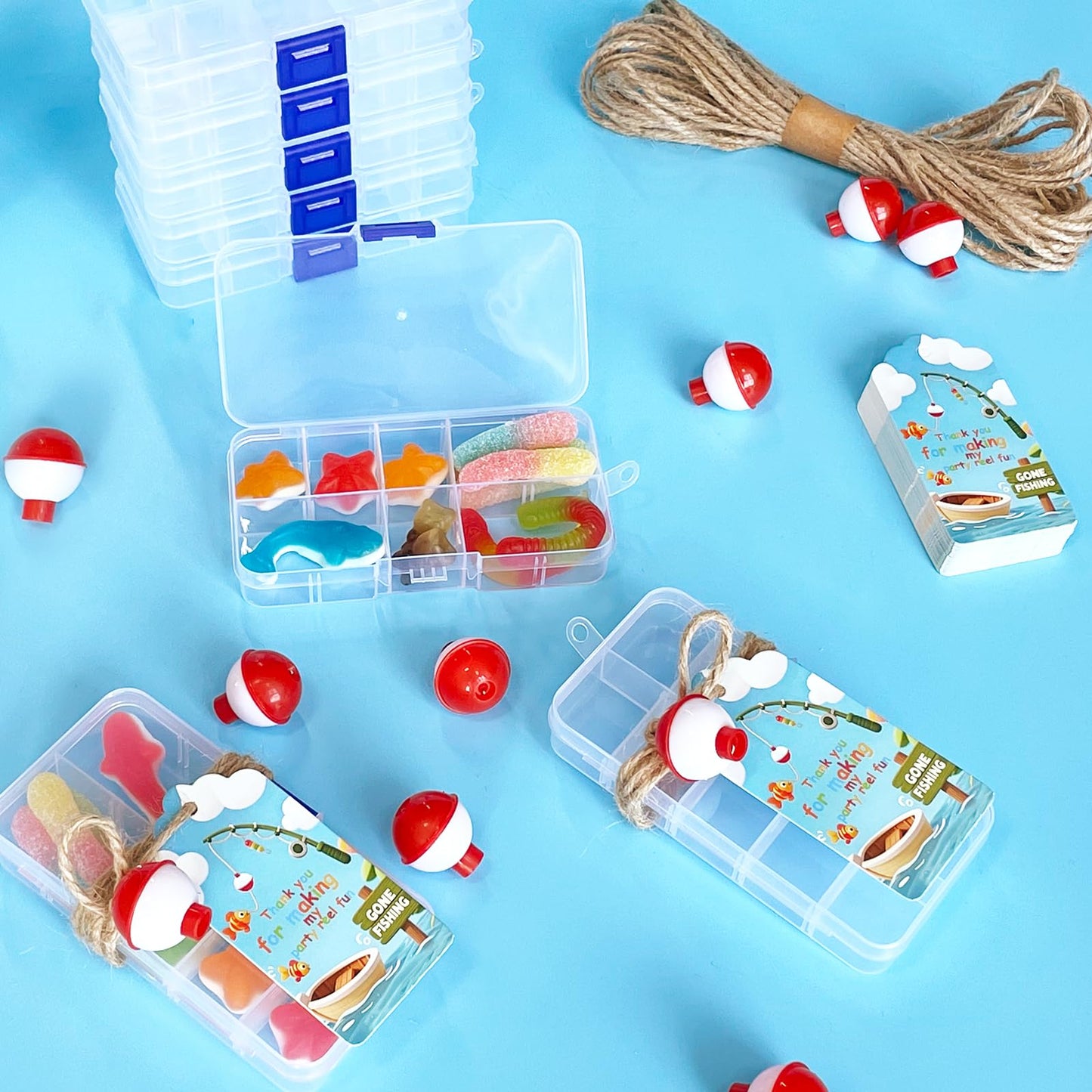 24 Sets Fishing Party Favor, Mini Tackle Boxes for Party Favor for Fishing Birthday Party Decorations with 24 Mini Candy Tackle Box, Fishing Bobber and Thank You Cards Fishing Themed Party