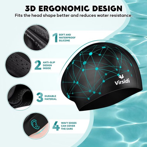 2 Pack Swim Cap for Women Men Adult, Silicone Swimming Caps for Short Long Hair, Waterproof Swim Hats Bathing Caps to Keep Hair Dry with Nose Clip and Earplugs (Black&Rose)