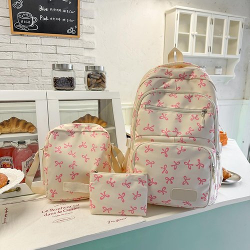Cohawk Bow Backpack for Women Coquette Aesthetic Nylon Rucksack Cute Kawaii Backpack 3Pcs Set With Bow Pattern