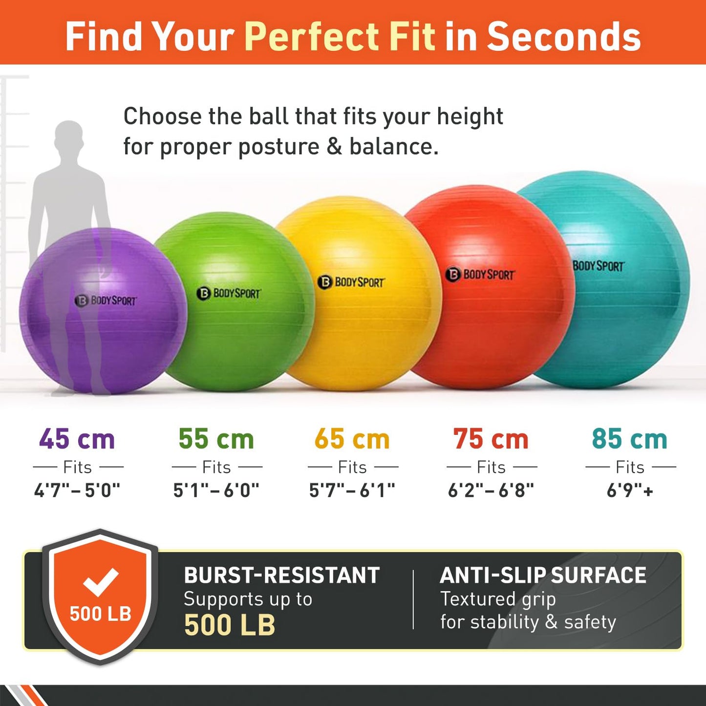 Body Sport Slow Release 55cm Exercise Ball with Pump, Gym Equipment for Home or Office, Stability Fitness Ball, Pregnancy Ball, Core Strength Training Equipment