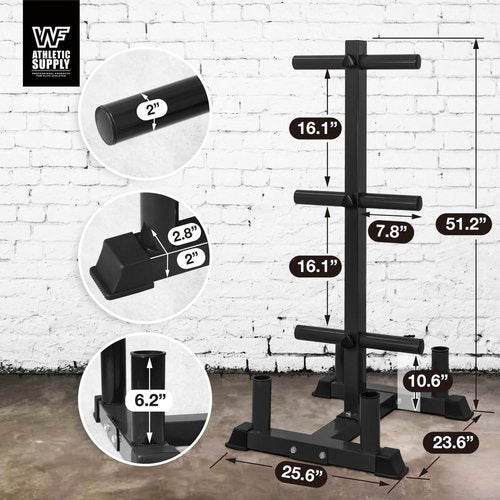 CAPHAUS Olympic Weight Plate Rack for Bumper Plate Storage, w/Barbell Holders and Plate Pegs, Heavy-Duty Olympic Weight Tree for Home Gym, 2 Inch Weight Plate Holder, 4 Holders, Black