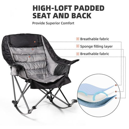Foristrail Oversized Rocking Camping Chair for Adults - 400lbs Capacity Padded Camp Chair with Cup Holder, Portable Foldable Outdoor Rocker Chair for Camping, Backyard, Patio (Black & Gray)