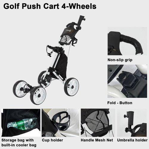 Louis Donne Premium 4-Wheel Golf Cart 1 Click-Folding Golf Trolley Compact Pull Caddy Cart Durable and Mobile Lightweight carring Cart Bags Includes Ice Bag gorf Course resoorts Neighborhood use