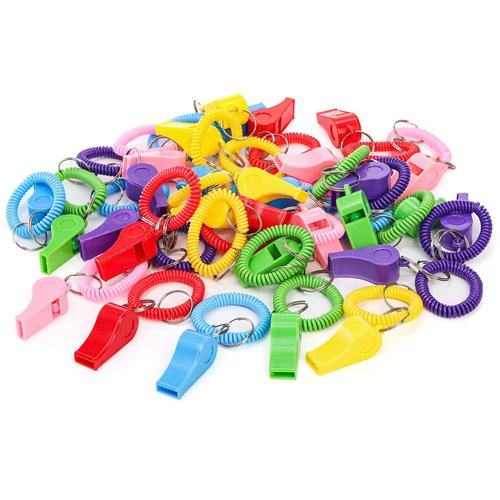 Hedume 30 Pcs Sport Whistle with Bracelet, 6 Colors Loud Plastic Whistles with Stretchable Coil Wrist Keychain Ring for Coaches, Referees, Officials, Birthday Party Gift, Emergency Training