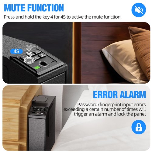 UEAKPIC Mounted Gun Safe for Handgun with Quick Access Sliding Door, Biometric Nightstand Pistol Lock Box with Security Fingerprint, Key Access, PIN Code for Car, Bedroom, Desk and Walls