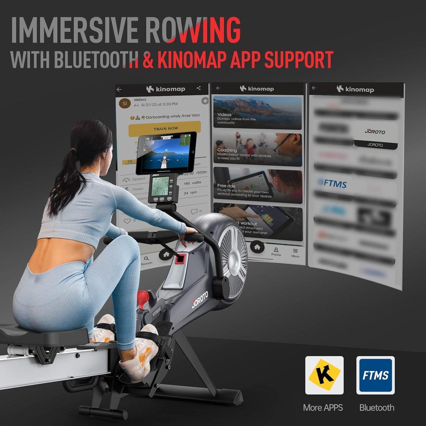 JOROTO Rowing Machine for Home Foldable, Air Magnetic Rowing Machines with 10-Level Adjustable Resistance, Quiet Ergonomic Seat,Bluetooth App, Max 350LBS, Space-Saving Home Gym, Gray