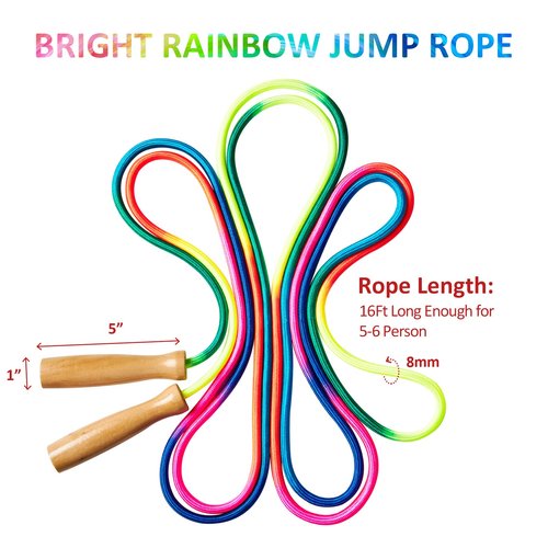 Fanhostco Double Dutch Long Jump rope - 16Ft 2 Pack Skipping Rope for Kids Adults, Rainbow Jumping Rope for Multiplayer with Wooden Handle