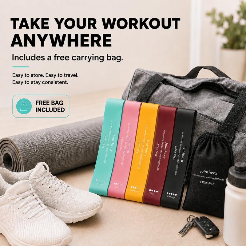 JOINTHERA Premium Latex Free Resistance Bands for Working Out - Set of 5 + Carrying Bag | Non Latex Mini Loop Workout Bands Resistance for Women and Men | Physical Therapy, Legs Exercise and Pilates