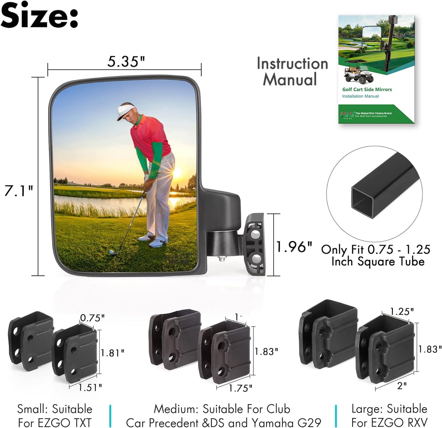 10L0L Golf Cart Mirror, No Drilling Extra Large Side View Mirror Universal for Yamaha, Club Car, EZGO, Folding Side Rear View Mirrors Adjustable 180 Degree (Black Clips)