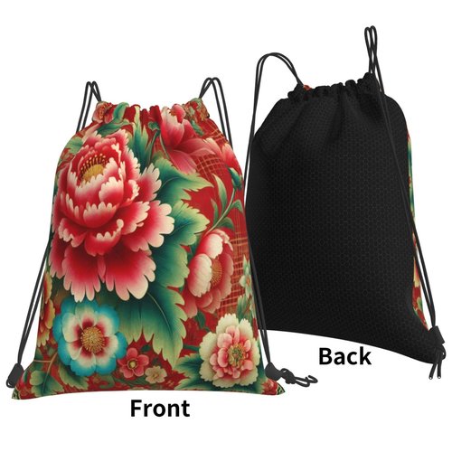 allgobee Drawstring Travel Backpack Chinese Flower Red Plaid Sports Gym Bag For Swimming,Beach