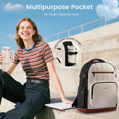 LOVEVOOK Laptop Backpack Women with Pouch Pocket for Large Capacity Cup,15.6 Inch Lightweight Puffer Computer Laptop Bag Travel Backpack Purse for Work College Teacher Personal Item,Black-White-Brown