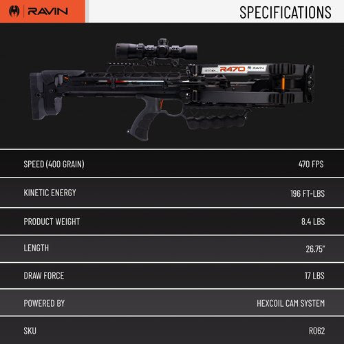 RAVIN R470 Crossbow Package – High-Performance Hunting Bow with Helicoil Technology, Silent Cocking System, and Illuminated Scope – 470 FPS, Lightweight and Pre-Assembled – Ideal for Archery & Hunting