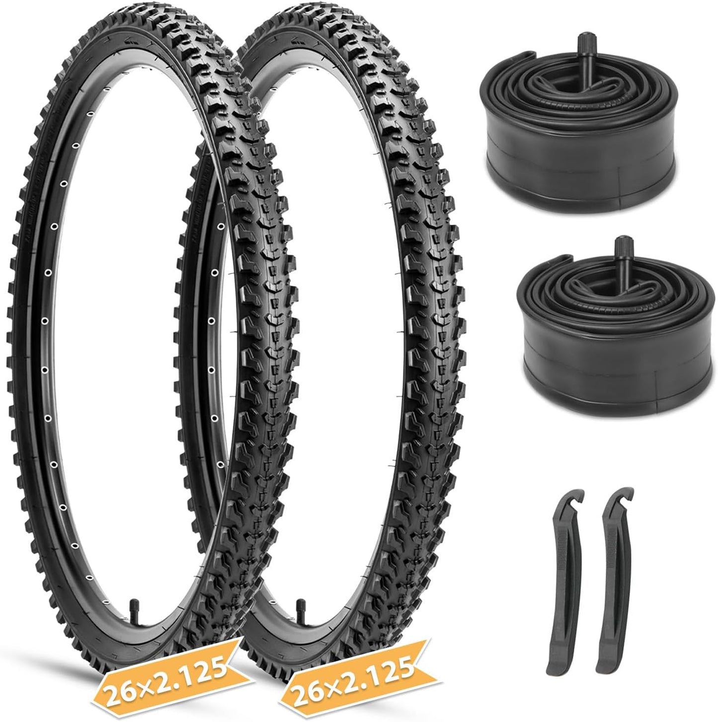 Hycline Mountain Bike Tires Set: 2-Pack 20/24/26x2.125 Inch Folding Replacement High-Density Bicycle Tires and Pair Inner Tubes with Tire Levers Compatible for Street & Off-Road Riding