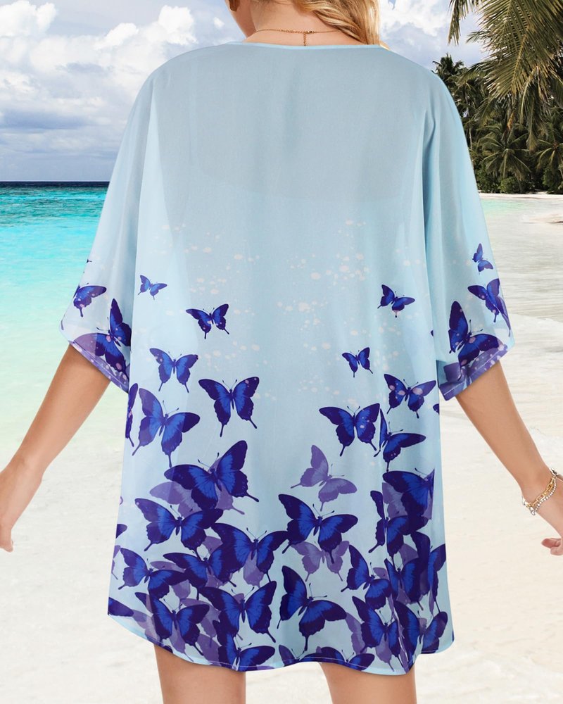 Women's Kimono Floral Cardigan Print Puff Cover Up Casual Blouse Summer Tops (Butterflies on Blue, S)