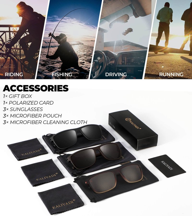 KALIYADI Polarized Sunglasses Men, Lightweight Mens Sunglasses Polarized UV Protection Driving Fishing Golf (Black/Brown/Gradual Brown)