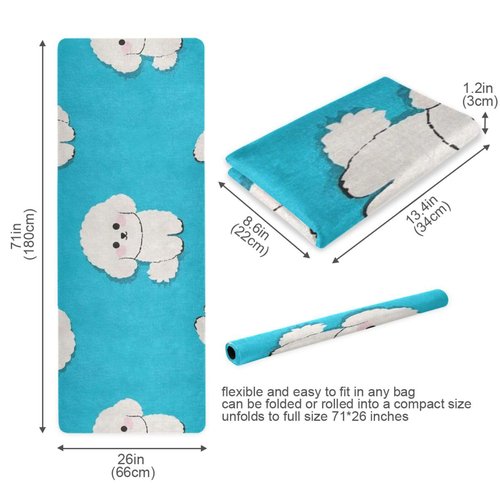Cartoon Cute White Bichon Frise Dog printed natural yoga mat For floor, natural rubber non slip, with yoga mat storage tapete para ejercicio 71x26 inches