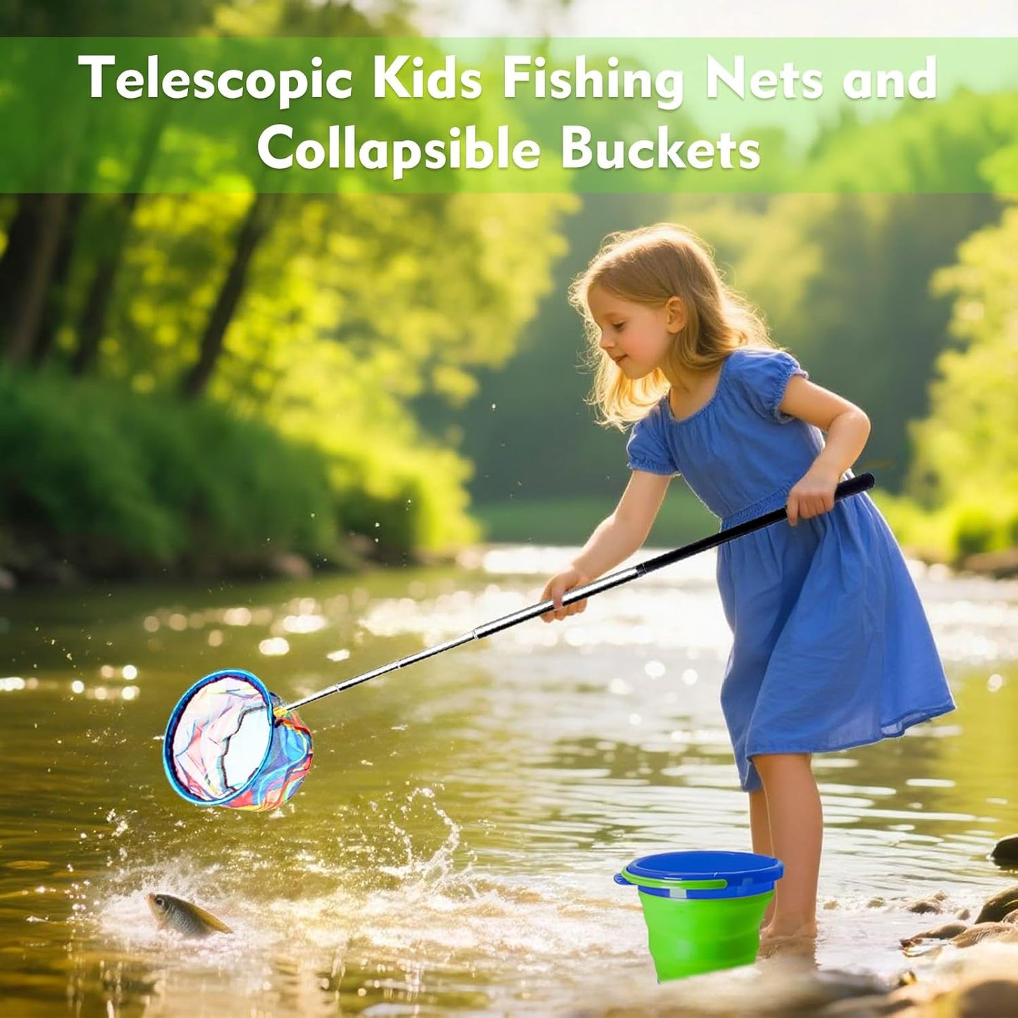 2PCS Kids Fishing Nets with Bucket - Telescoping Handle Retractable Landing Net Lightweight Aluminum Pole for Catch and Release Frog, Minnow, Butterfly, Crab, Beach and Creek Outdoor