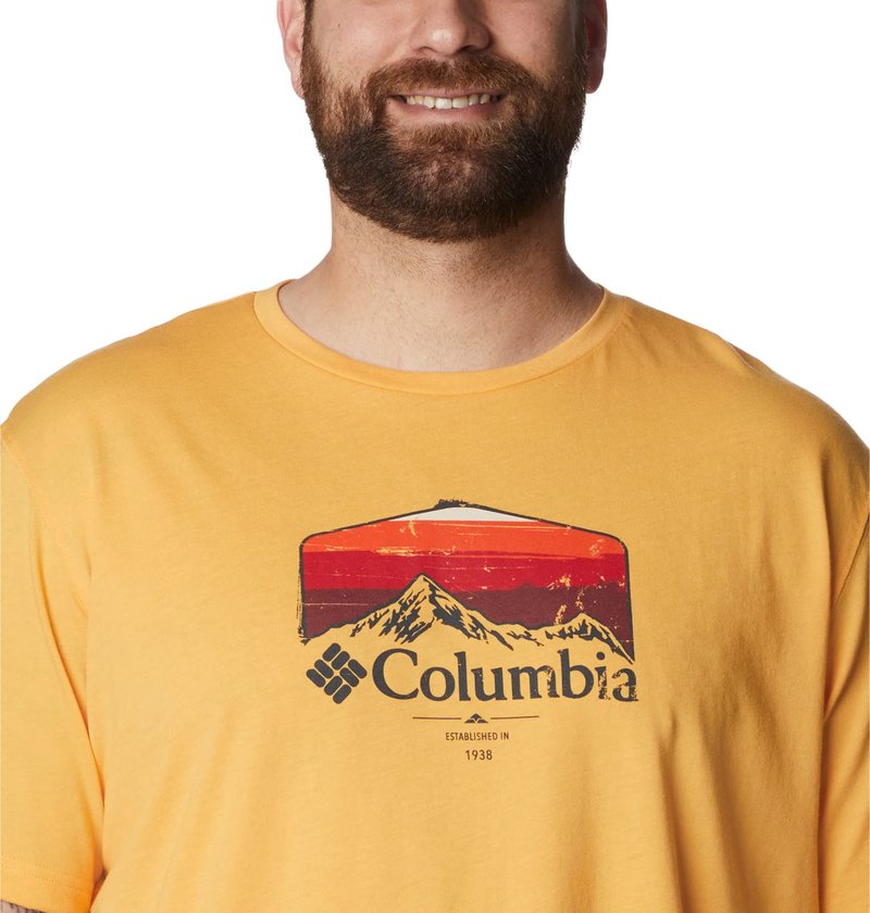 Columbia Men's Thistletown Hills Graphic Short Sleeve, Mango Heather/Hikers Graphic, X-Large Tall