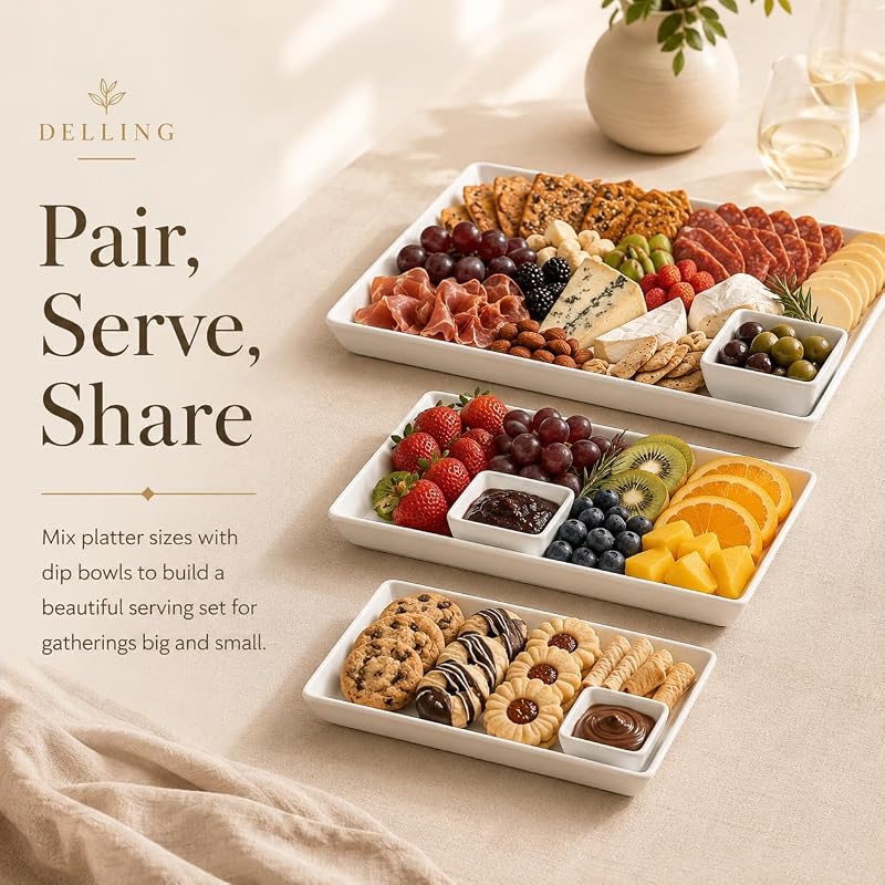 Large Rectangular Serving Platter Set of 3 – 16, 14 & 12 Inch Porcelain Trays, White