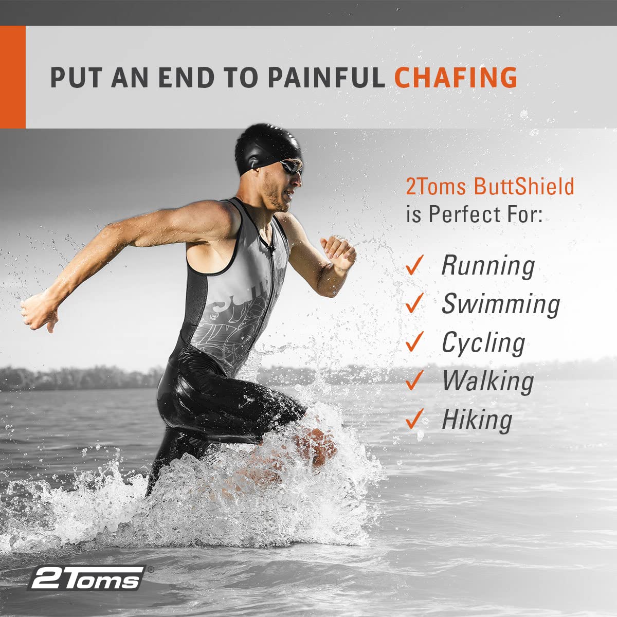 2Toms ButtShield, All Day Anti-Chafe and Blister Prevention, Waterproof and Sweatproof Protection from Saddle Sores, 1.5 Ounce Bottle