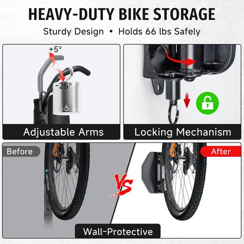 BYHUME Bike Rack Garage,Bike Wall Mount, 150° Swivel & Space-Saving Vertical Bike Hangers for Storage, Sturdy Bike Stand Holds Up to 66lbs, Easy to Install, 2 Pack