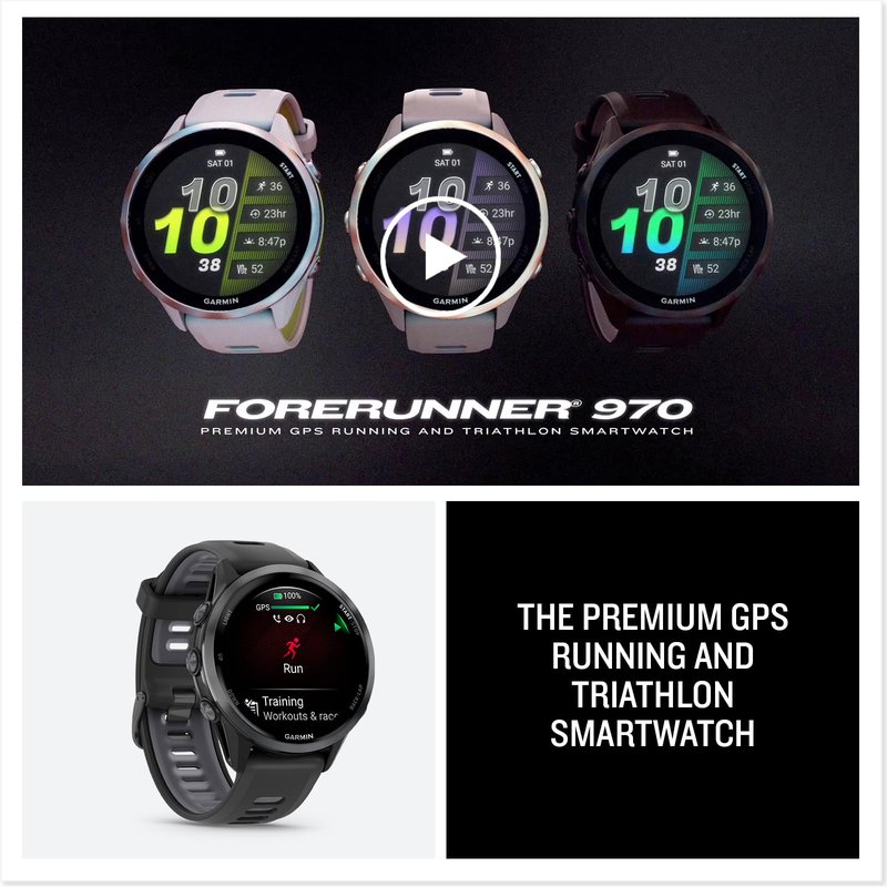 Garmin® Forerunner® 970, Premium GPS Running and Triathlon Smartwatch, AMOLED Display, Built-in LED Flashlight, Carbon Gray DLC Titanium with Black Case and Translucent Whitestone Band
