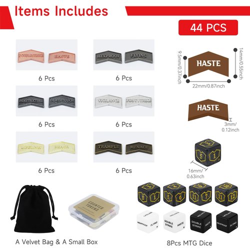 SIXPOINTS 44 Pieces Magic The Gathering Antique Metal Token & MTG Keyword/Counters Dice Setfor MTG CCG Card Gaming Accessories(44PCS-Keyword Counters & Dices Set)