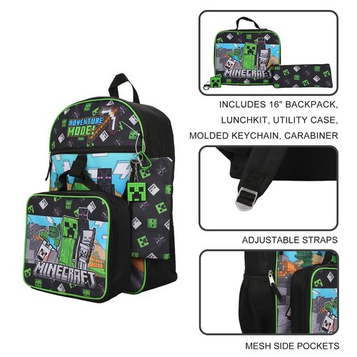 BIOWORLD Minecraft Adventure Mode 5-Piece Backpack Set (Little Big Kid), Green, One Size