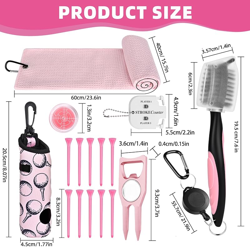 Pink 17 Pcs Golf Accessories Kit with Towel, Tees, Ball Marker, Divot Tool, Cleaner & Gift Box