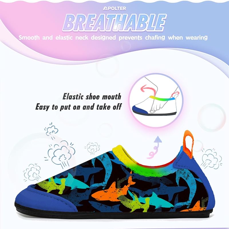 Beach Water Shoes for Kids - Non-Slip Aqua Socks with Colorful Shark Variation (Toddler 3.5-4.5)