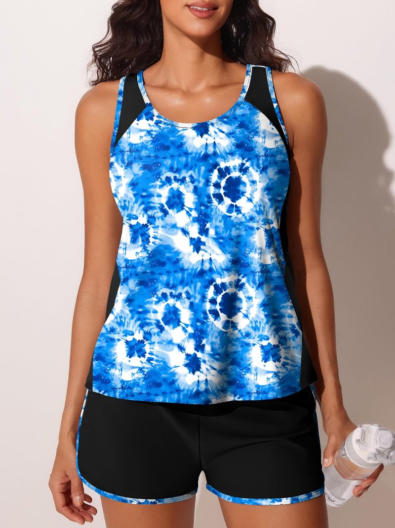 Summer Mae Blouson Tankini Swimsuits for Women 2026 Tummy Control Two Piece Bathing Suits with Sporty Pockets Swim Shorts Blue Tie-Dye Size 6