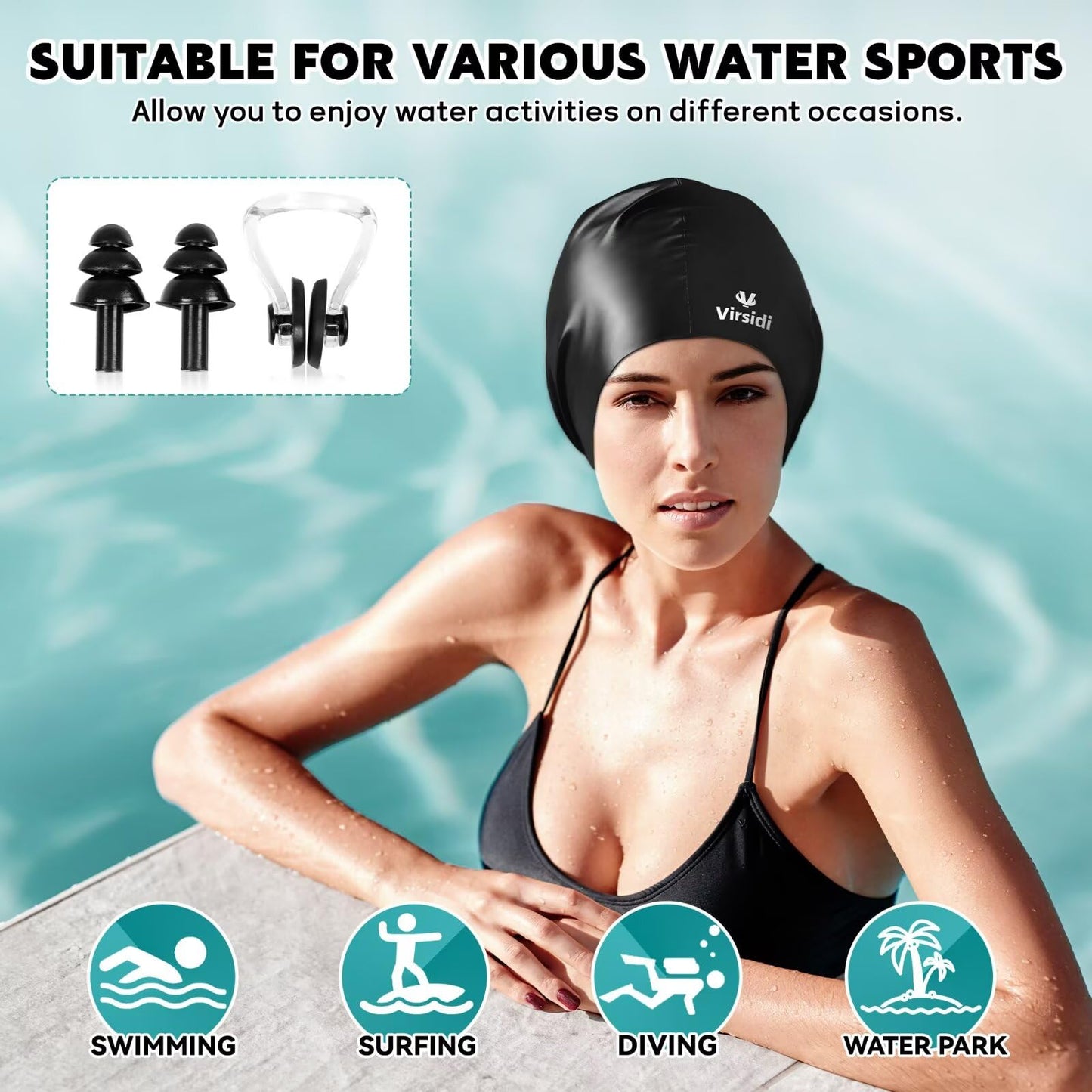 2 Pack Swim Cap for Women Men Adult, Silicone Swimming Caps for Short Long Hair, Waterproof Swim Hats Bathing Caps to Keep Hair Dry with Nose Clip and Earplugs (Black&Rose)