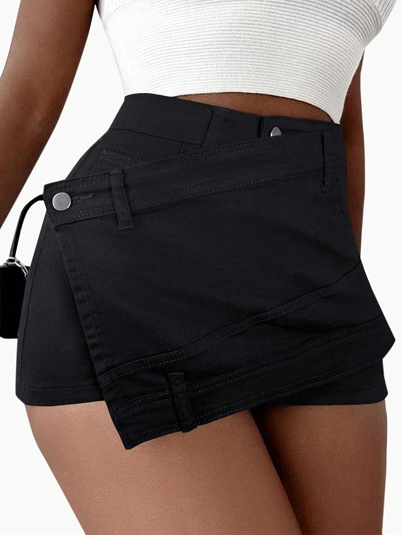 Black XL Avanova Denim Mini Skort High Waist Asymmetrical Wrap 2-in-1